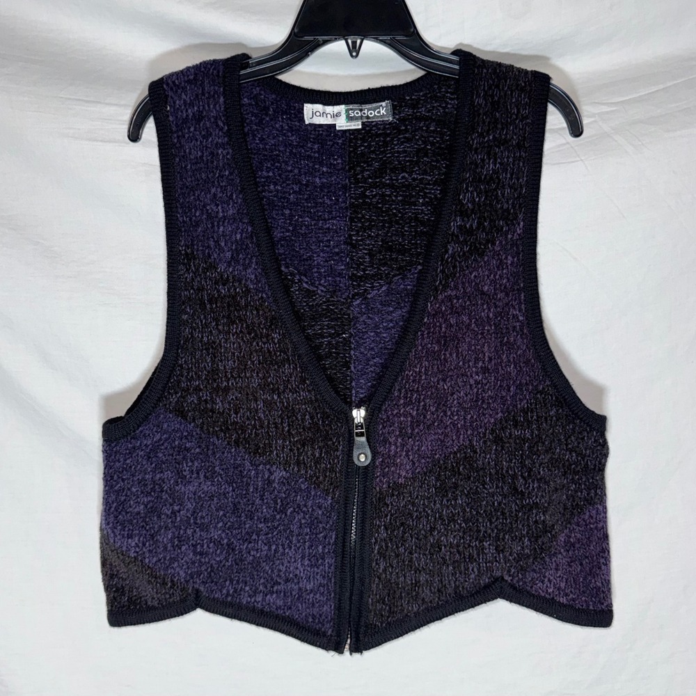 Whimsigoth Vintage Purple Black Chevron Zip Up Knit Sweater Vest Womens Medium